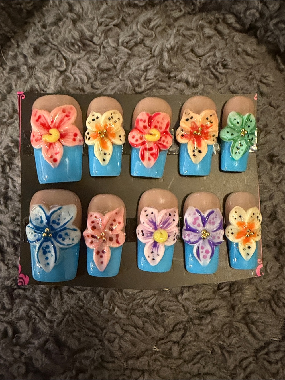 Blue French tip Floral 3D handmade acrylic press-On Nails - Assorted Flower